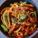 15-Minute Vegan Teriyaki Chicken Udon Noodles served in a bowl