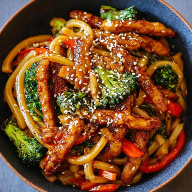 15-Minute Vegan Teriyaki Chicken Udon Noodles served in a bowl