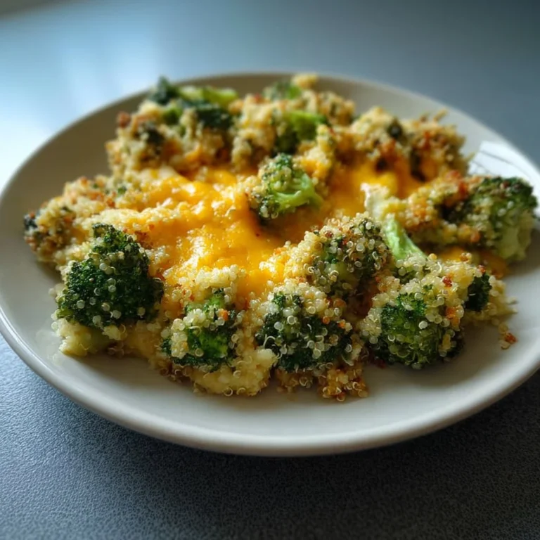 Creamy broccoli quinoa bake topped with cheese and herbs in a baking dish