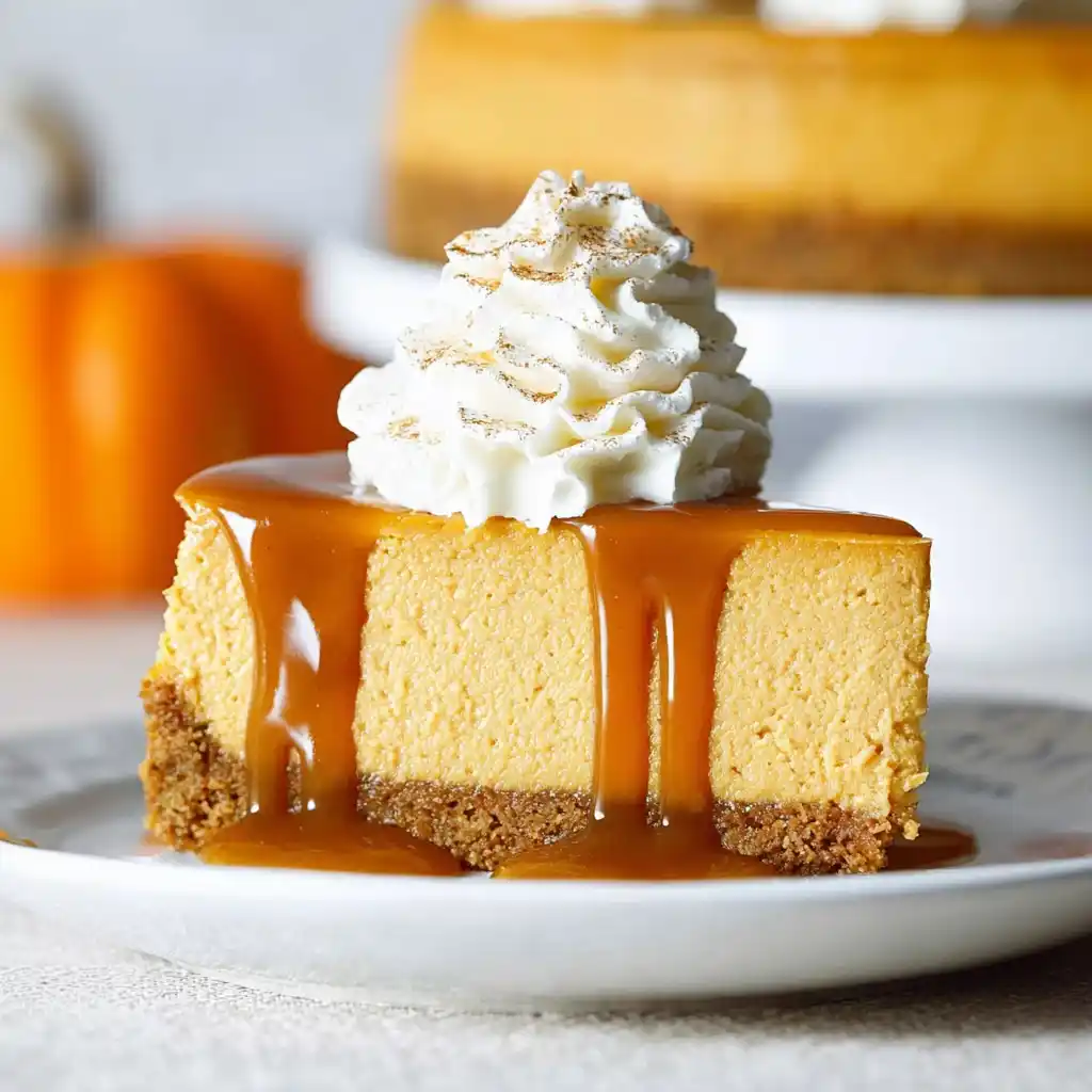No Bake Pumpkin Cheesecake topped with whipped cream and pumpkin spice