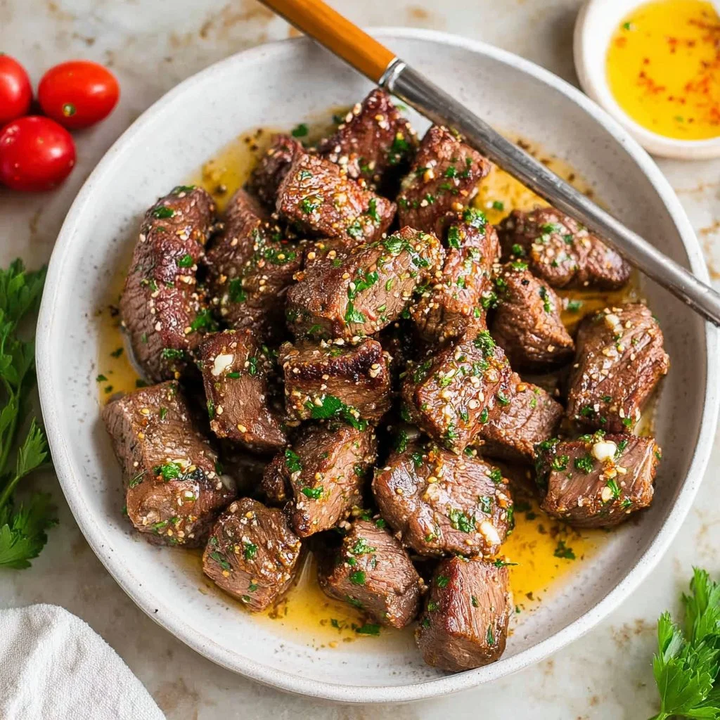Air Fryer steak bites with lemon garlic butter served on a plate