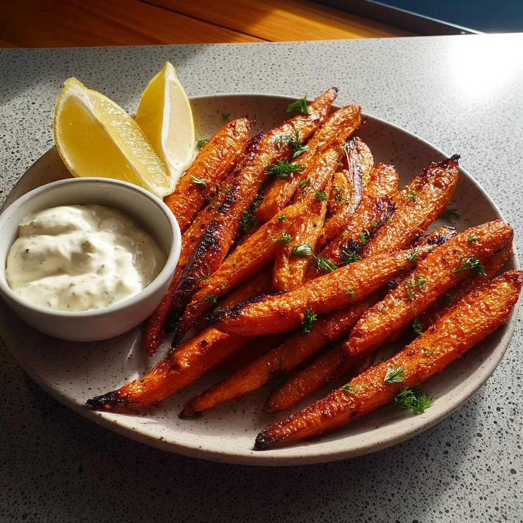 Plate of harissa roasted carrots with yogurt, showcasing vibrant colors and textures.