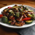 Balsamic glazed chicken served with colorful vegetables on a white plate