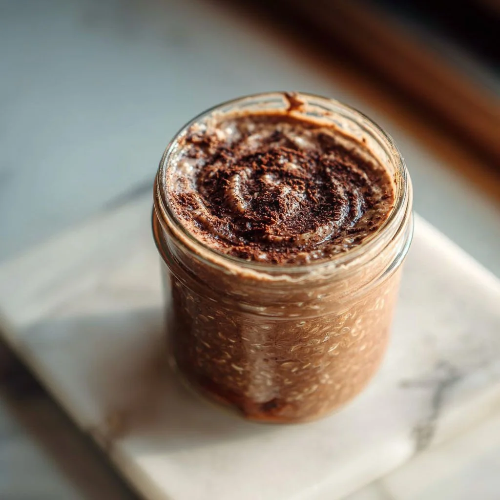 Bowl of chocolate hazelnut overnight oats topped with chocolate and hazelnuts