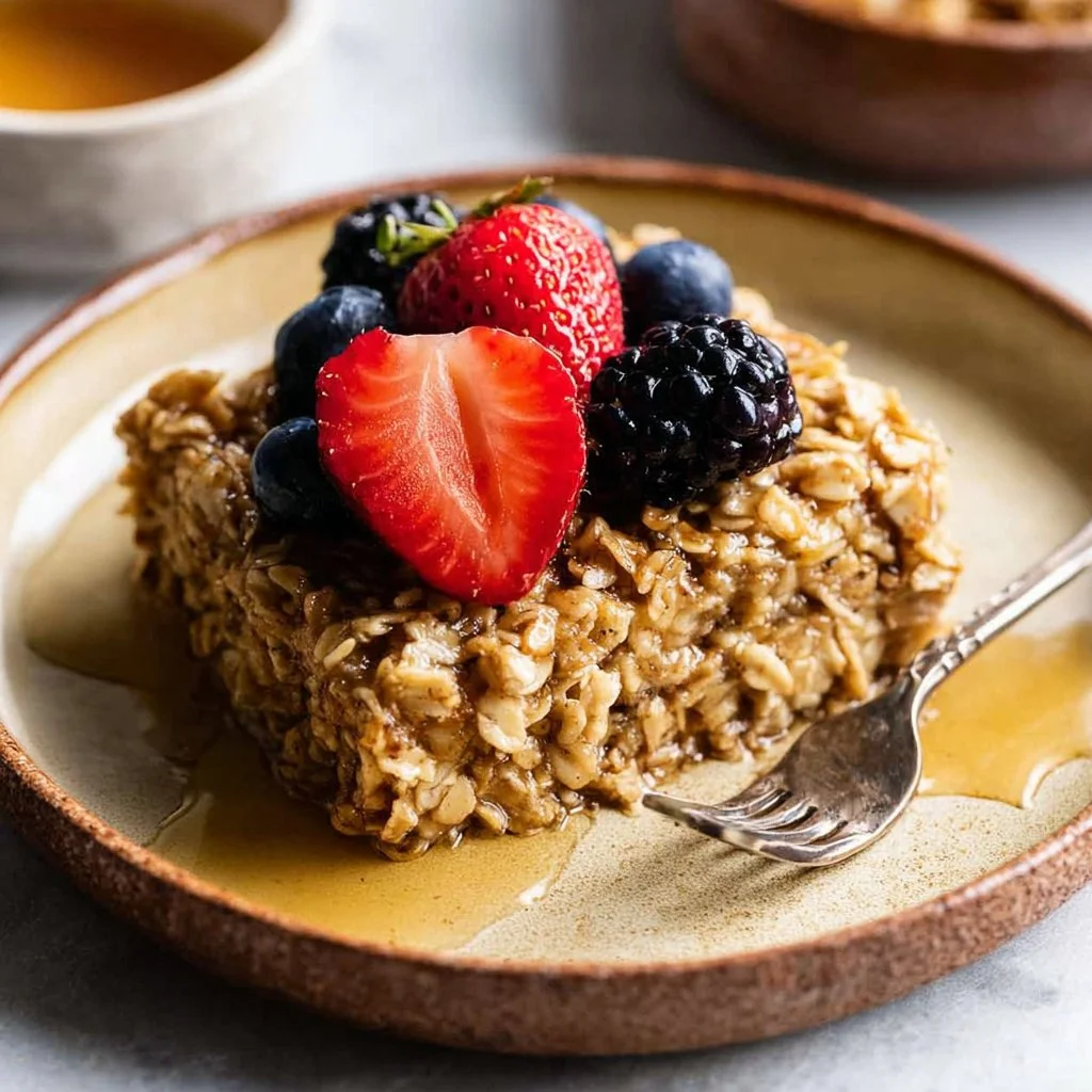 Delicious baked oatmeal served in a bowl with fruits on top.