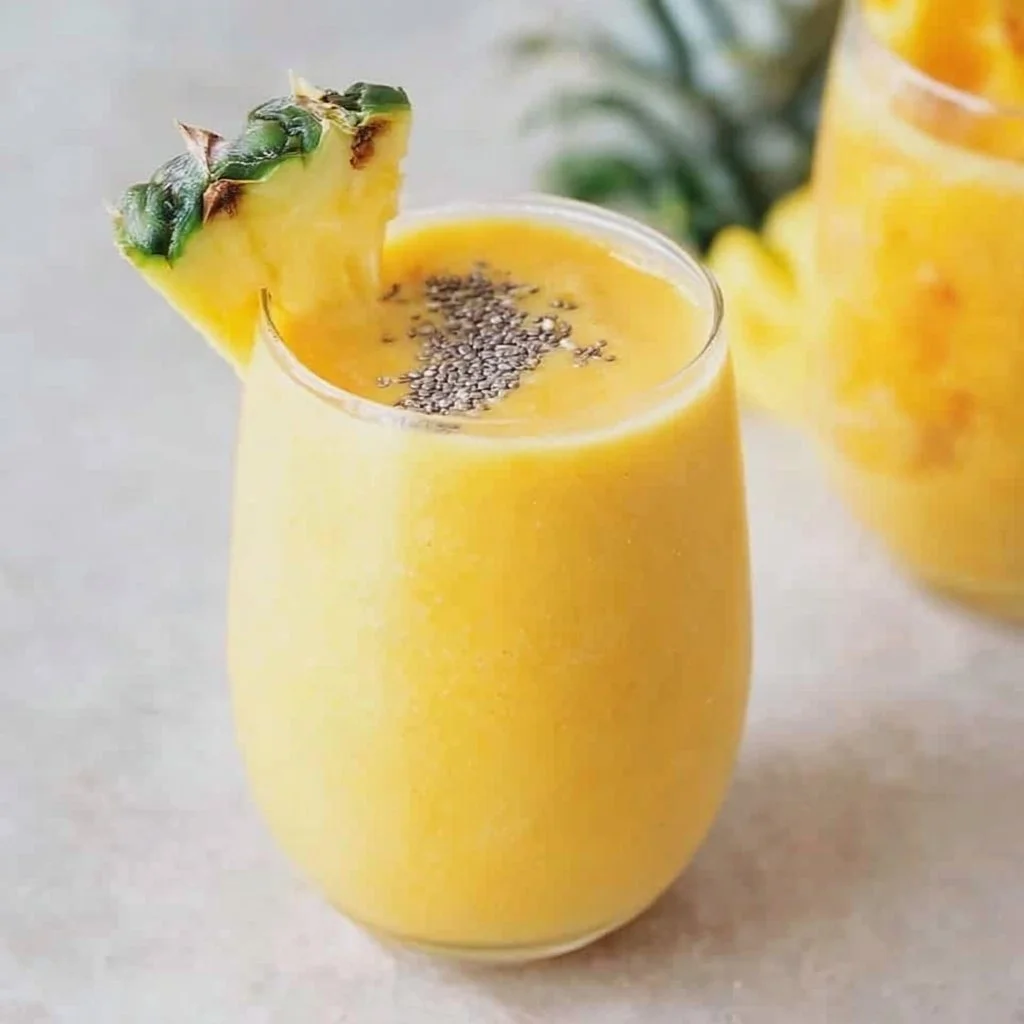Anti-inflammatory pineapple smoothie in a glass with tropical garnishes