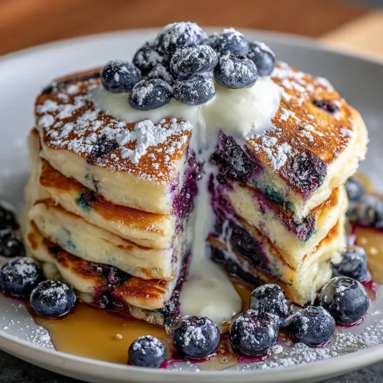 Delicious blueberry pancakes topped with fresh berries and served with syrup.