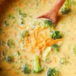 Bowl of creamy Broccoli Cheddar Soup garnished with fresh herbs