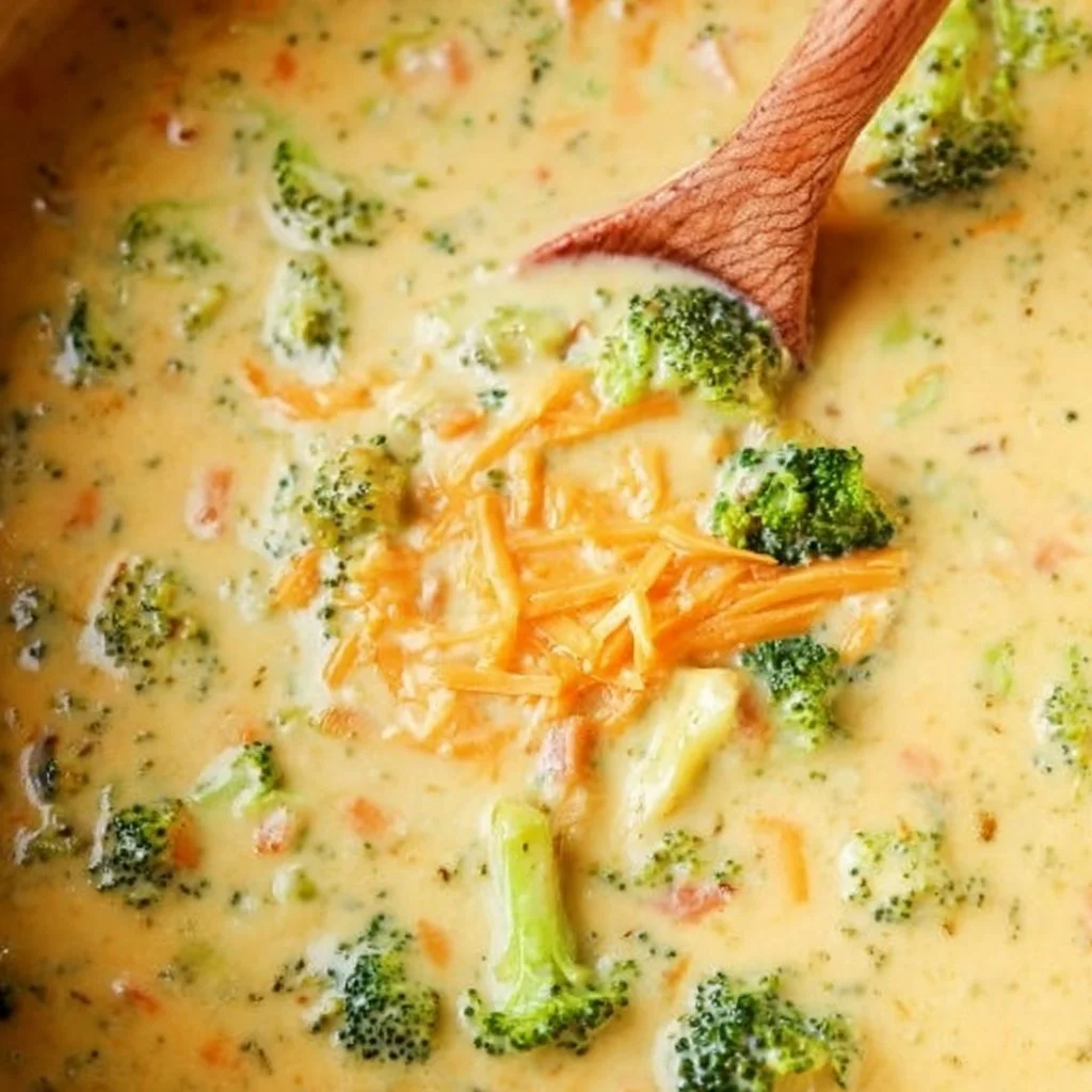 Bowl of creamy Broccoli Cheddar Soup garnished with fresh herbs