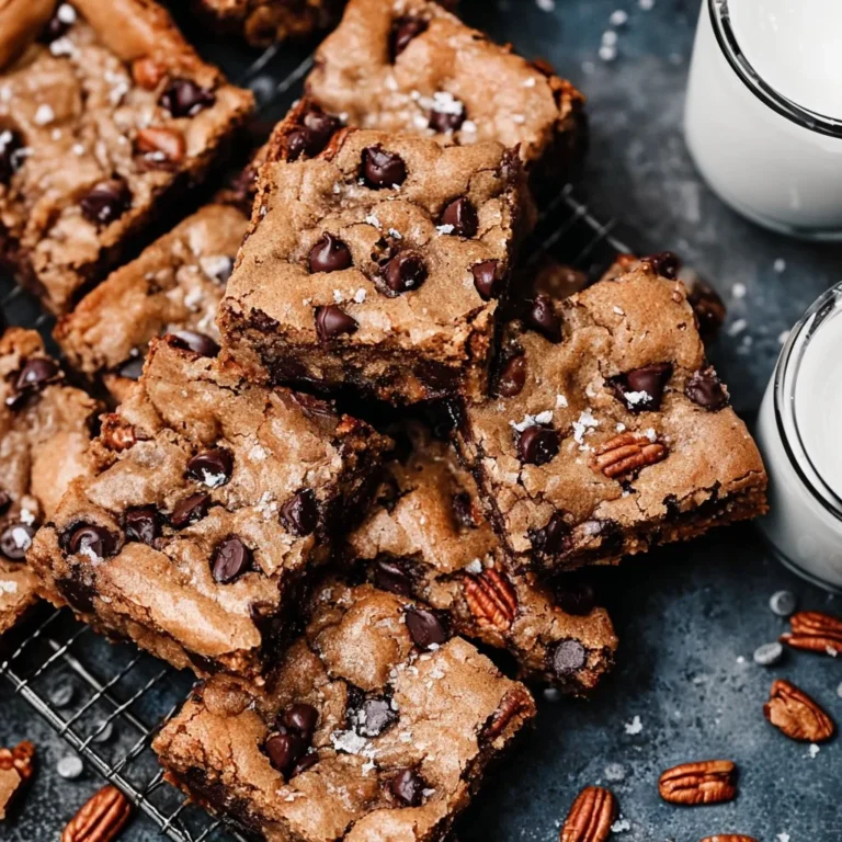 Brown Butter Blondies with chocolate chips and toasted pecans on a plate