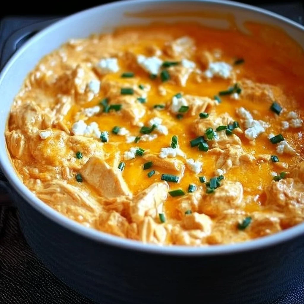 Creamy Buffalo Chicken Dip served in a bowl with tortilla chips ready for sharing