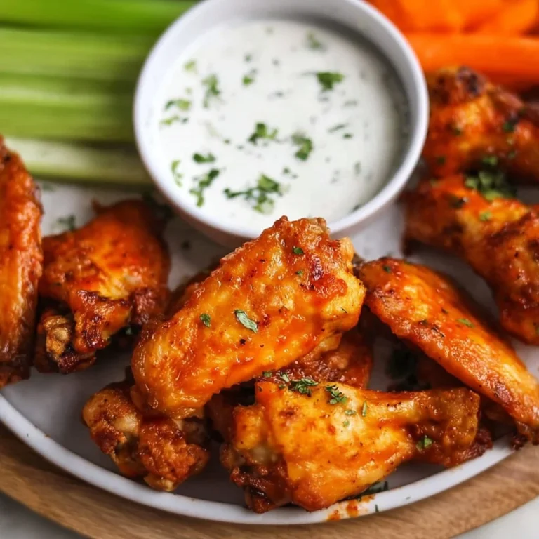 Delicious plate of Buffalo Wings with sauce and celery sticks.