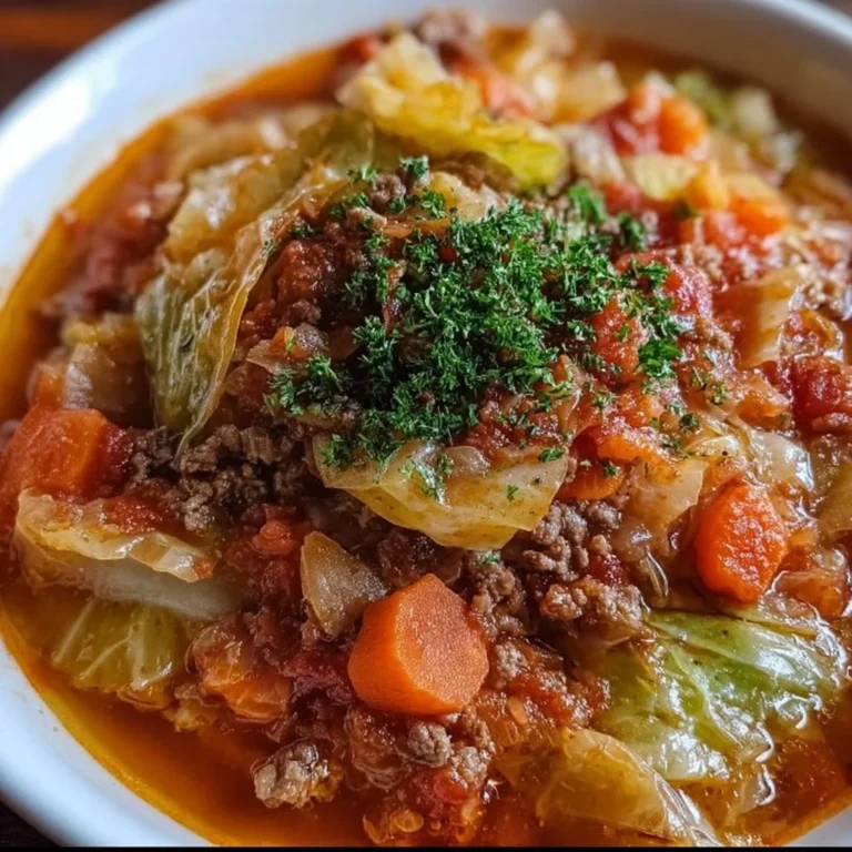 Bowl of Cabbage Roll Soup topped with fresh herbs and served warm