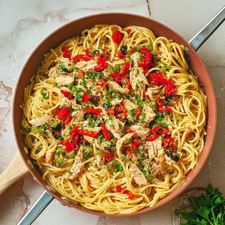 Canned tuna pasta dish served in a bowl with vegetables and herbs.
