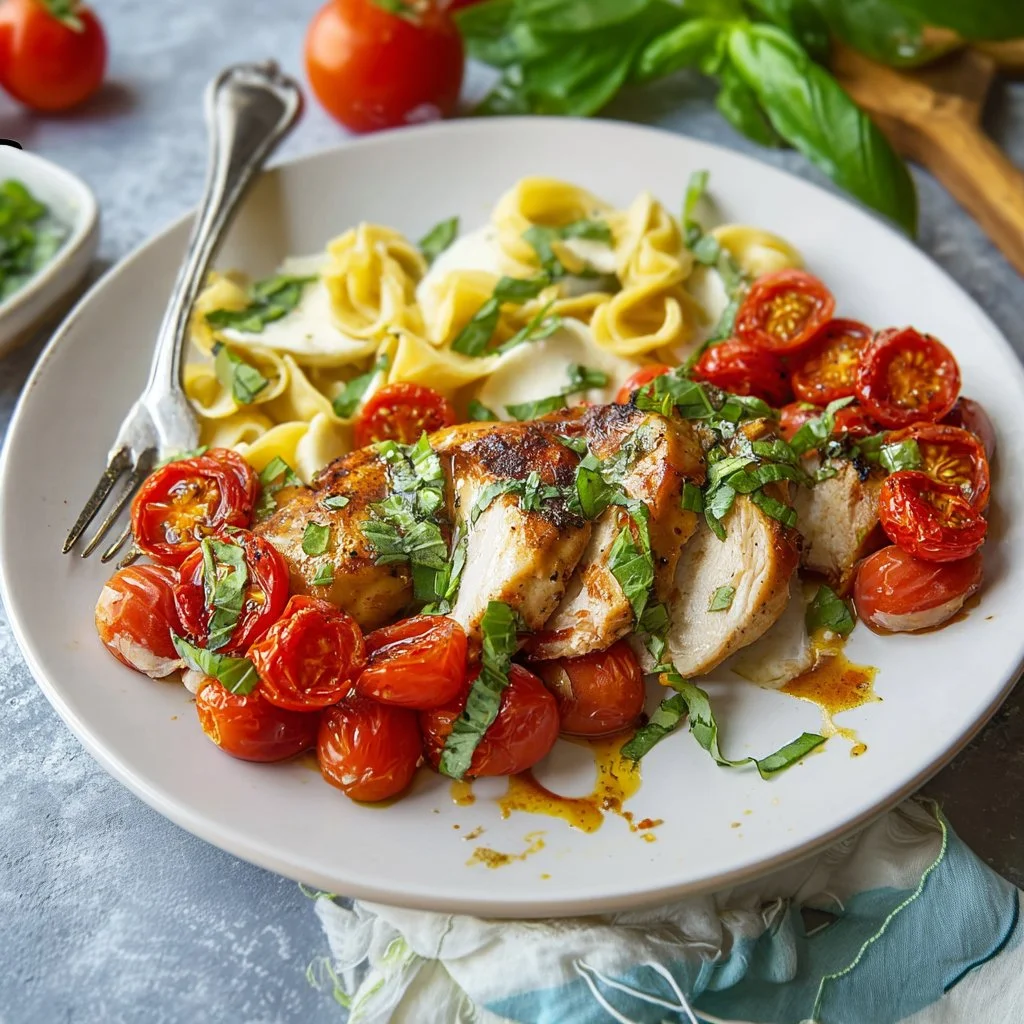 Delicious Chicken Caprese served with fresh basil, mozzarella, and tomatoes.