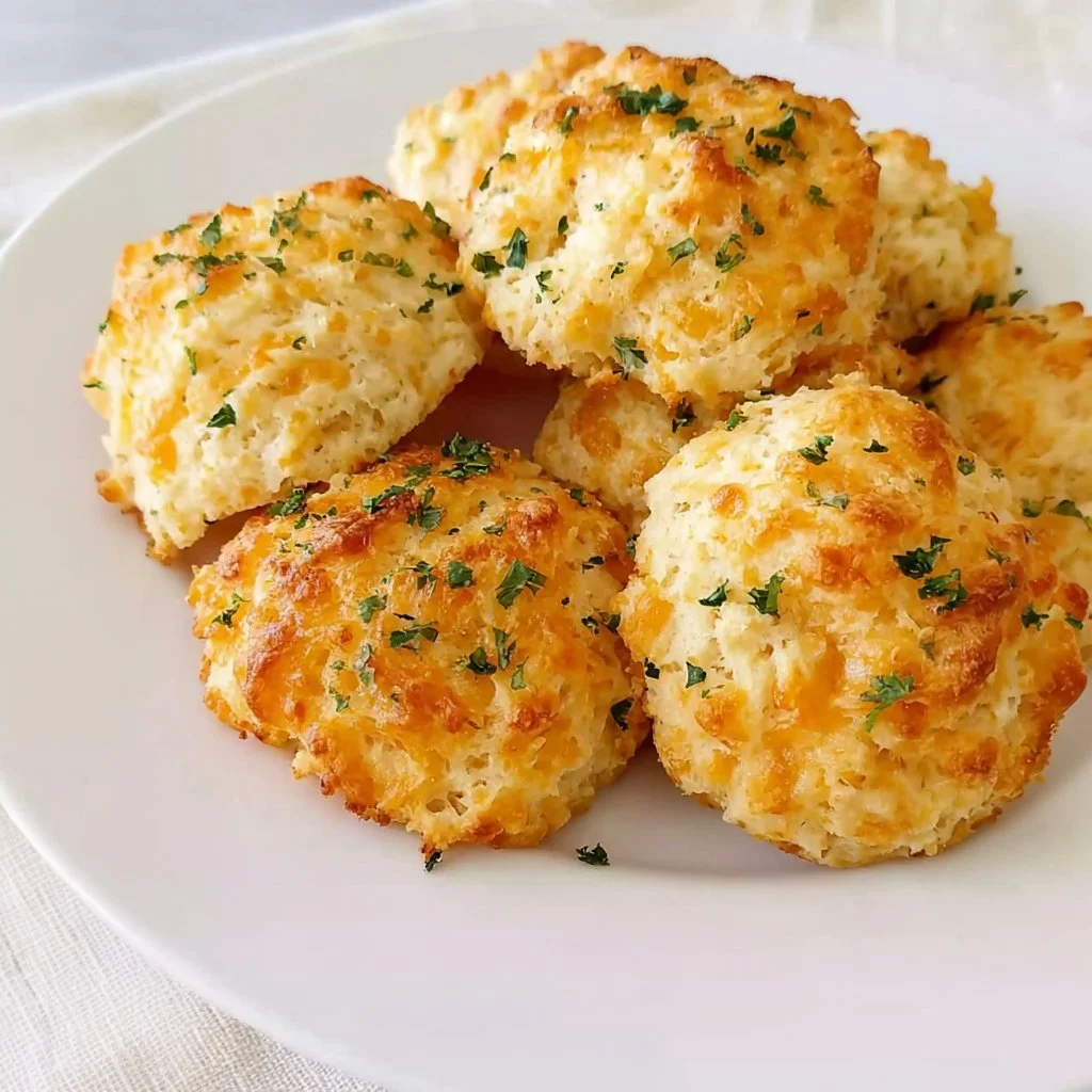 Delicious Cheddar Bay Biscuits served on a plate, perfect comfort food.