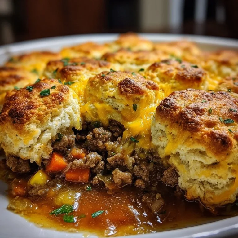 Delicious Cheddar Biscuit Beef Casserole on a plate, topped with melted cheese.