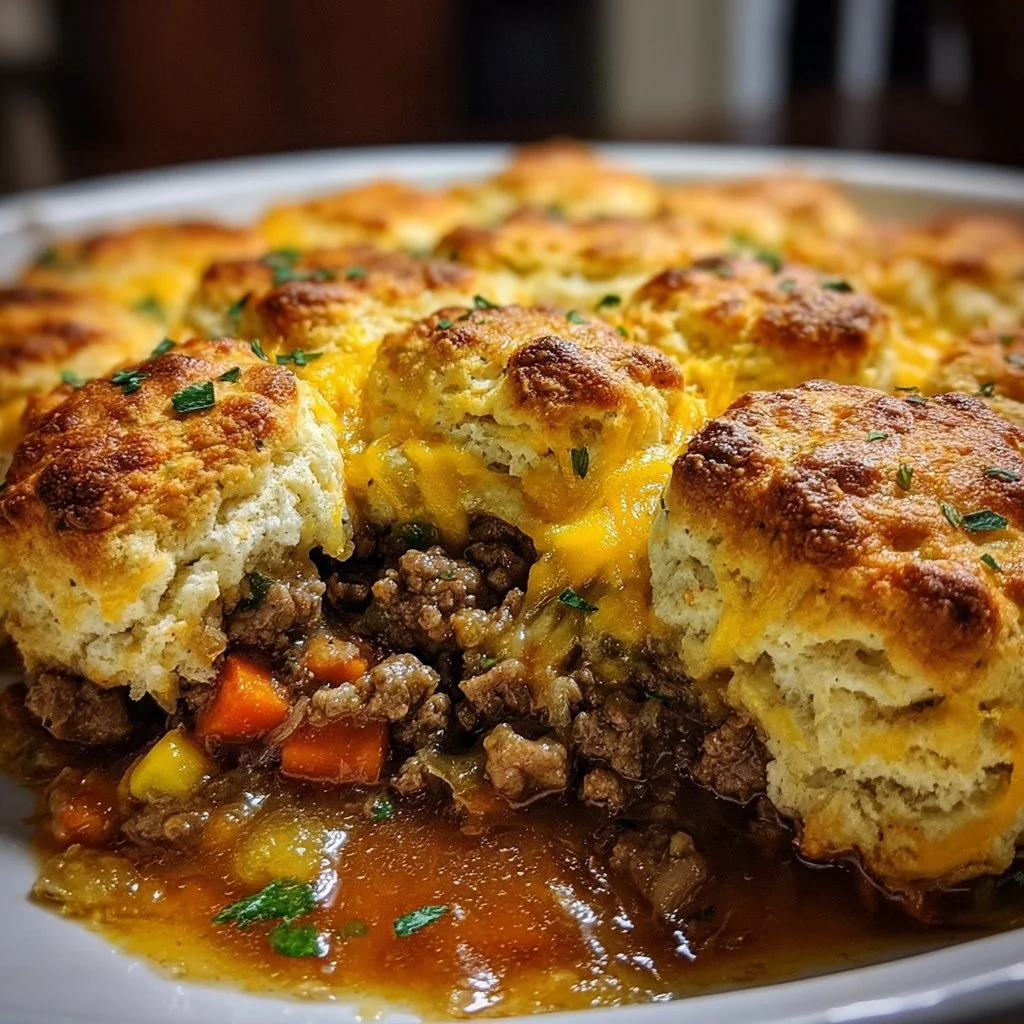 Delicious Cheddar Biscuit Beef Casserole on a plate, topped with melted cheese.