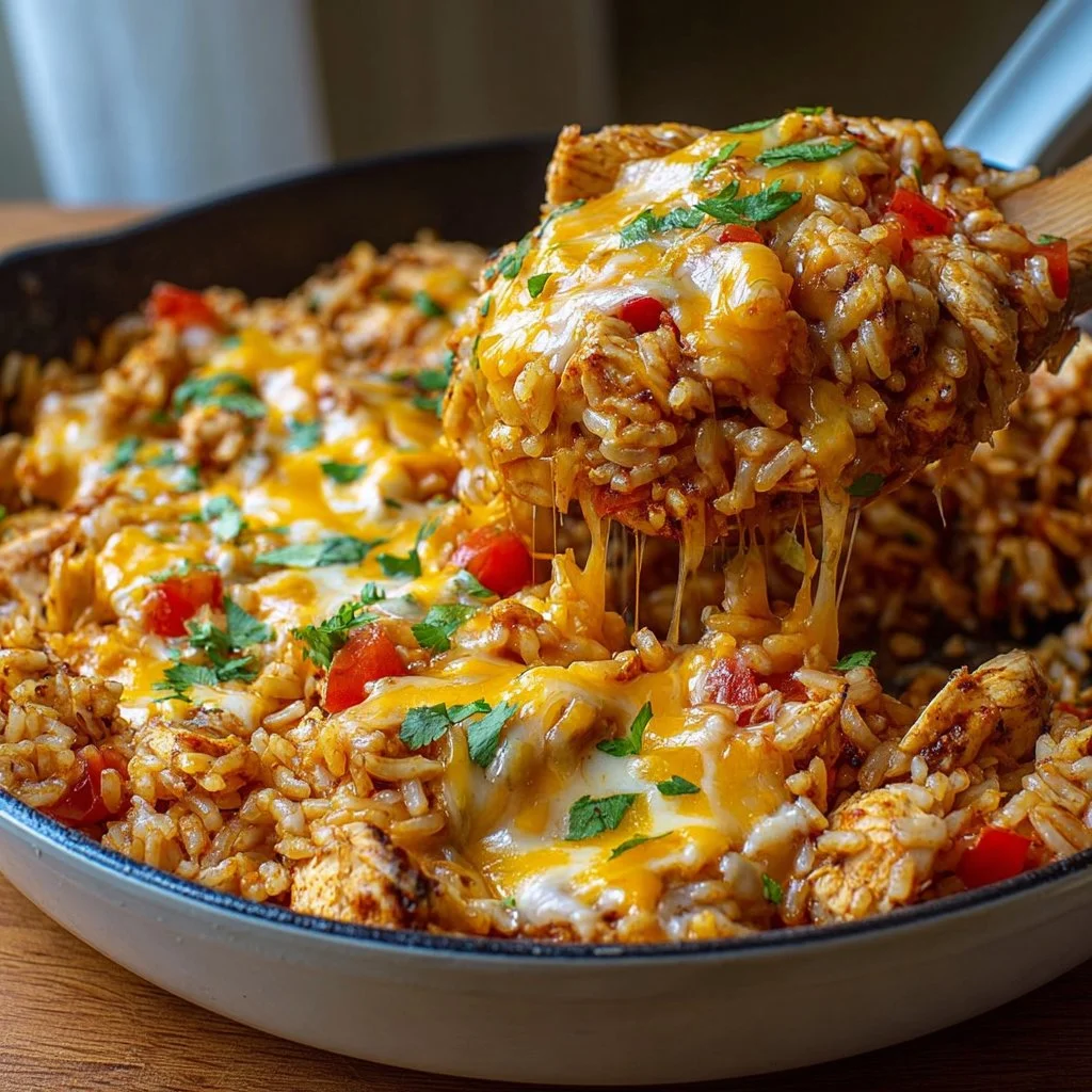 Cheesy chipotle chicken and rice skillet served in a colorful dish