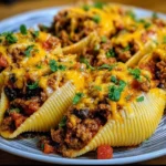 Delicious plate of cheesy taco stuffed shells topped with cheese and herbs