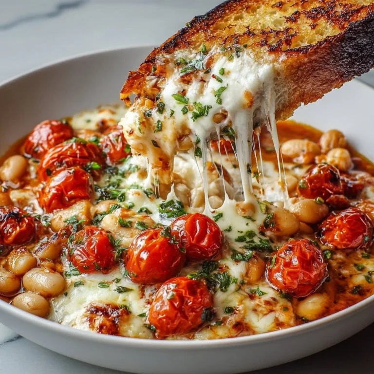 Cheesy White Bean Tomato Bake topped with fresh herbs and cheesy goodness