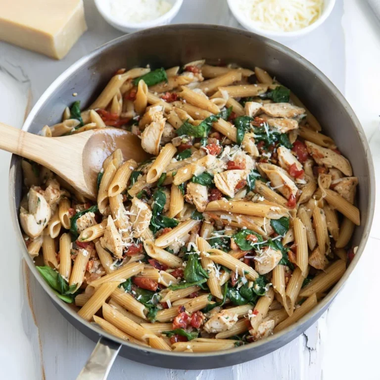 Delicious Chicken and Spinach Skillet Pasta served in a skillet.