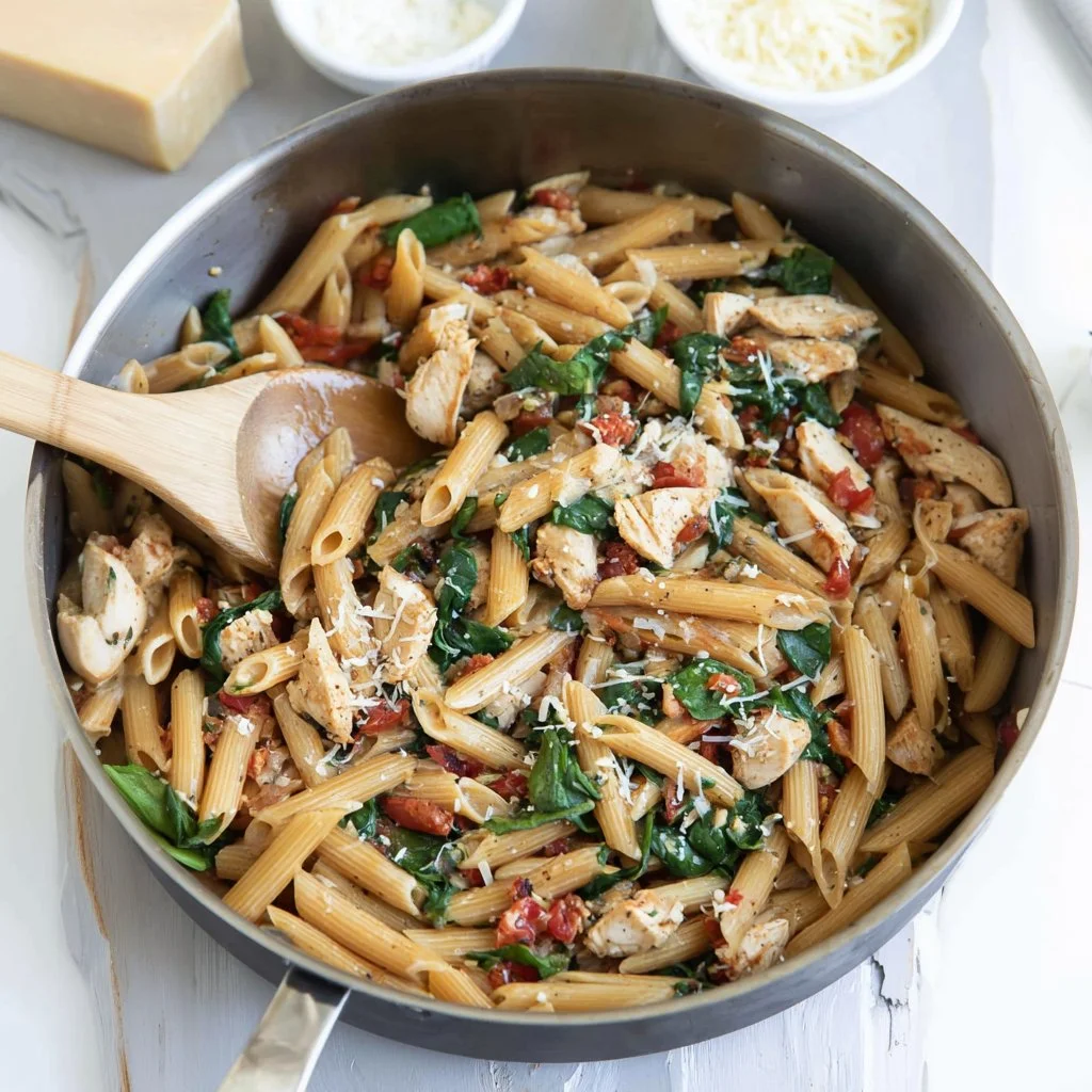 Delicious Chicken and Spinach Skillet Pasta served in a skillet.