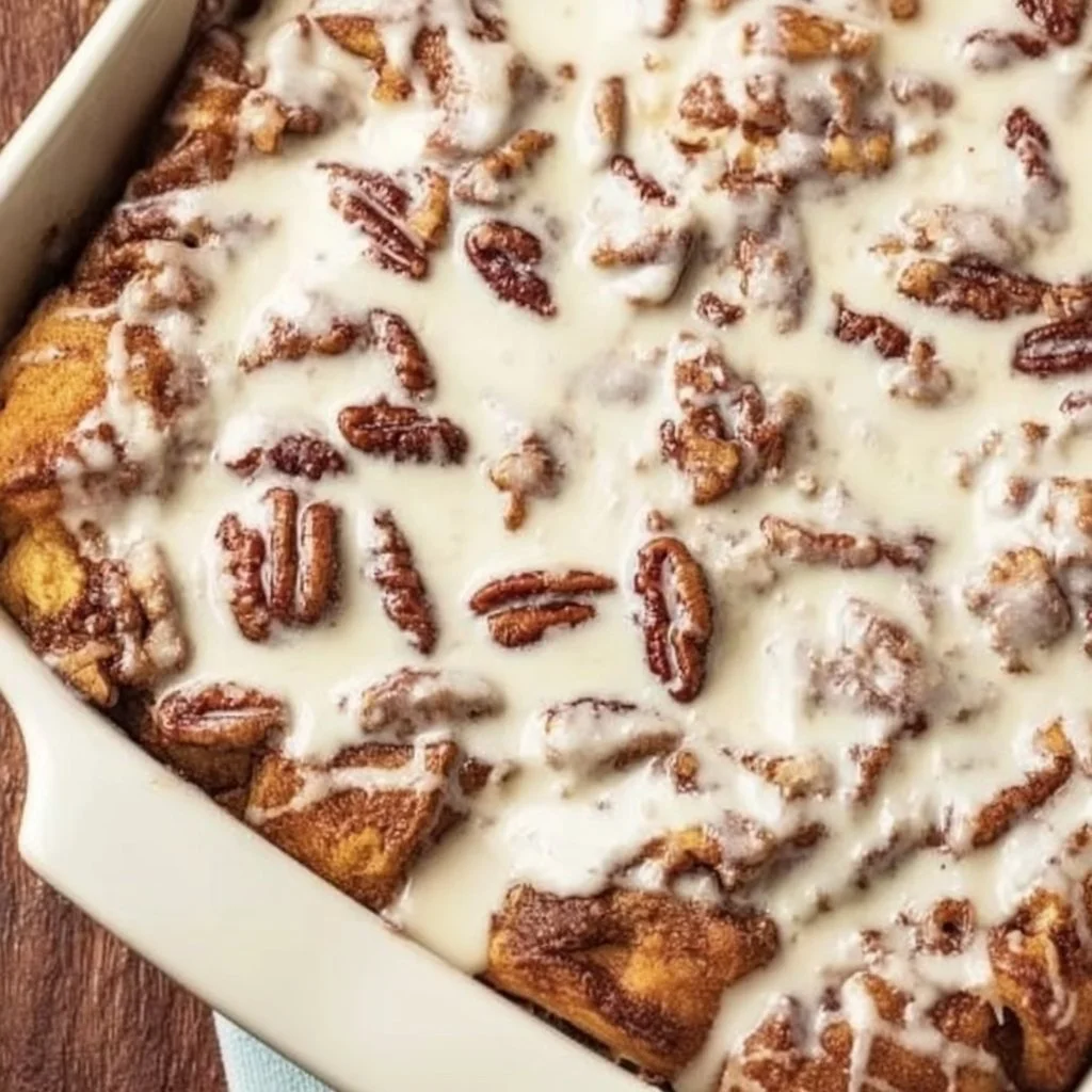 Delicious cinnamon roll casserole served warm with icing