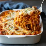 Delicious classic baked spaghetti with cheese and marinara sauce in a casserole dish.