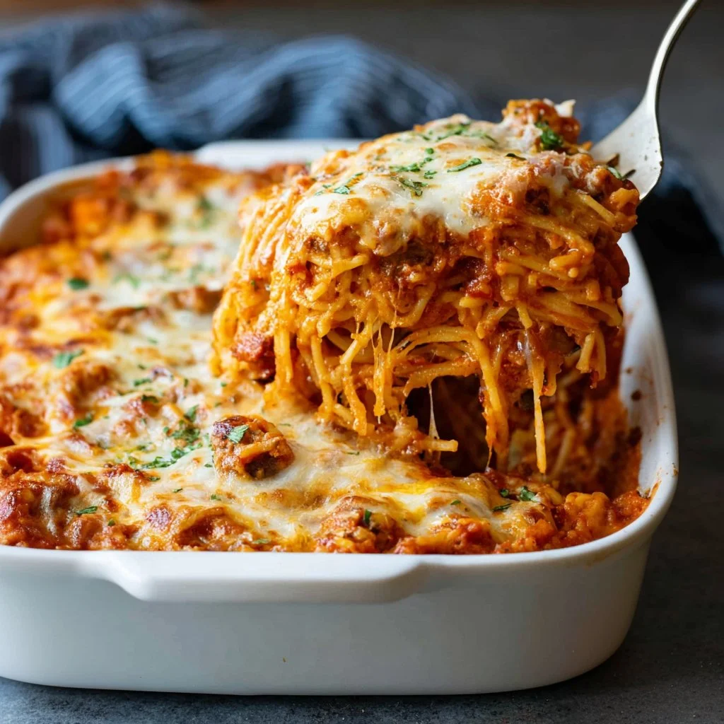 Delicious classic baked spaghetti with cheese and marinara sauce in a casserole dish.