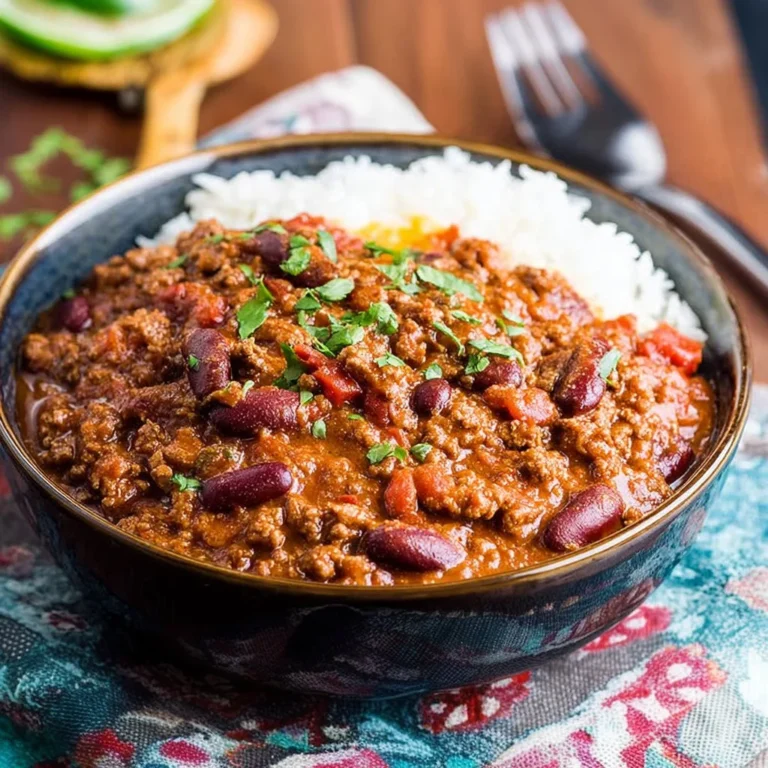 Delicious classic chili with meat served in a bowl, perfect for hearty meals.