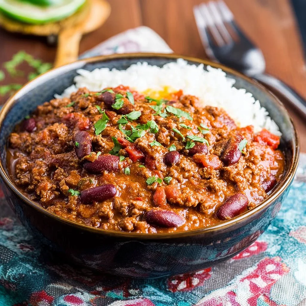 Delicious classic chili with meat served in a bowl, perfect for hearty meals.