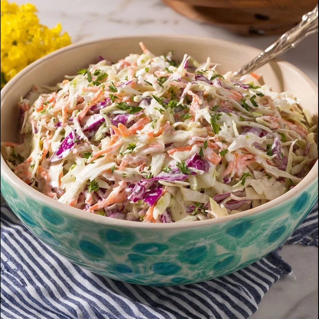 Bowl of classic coleslaw with fresh ingredients ready to serve.