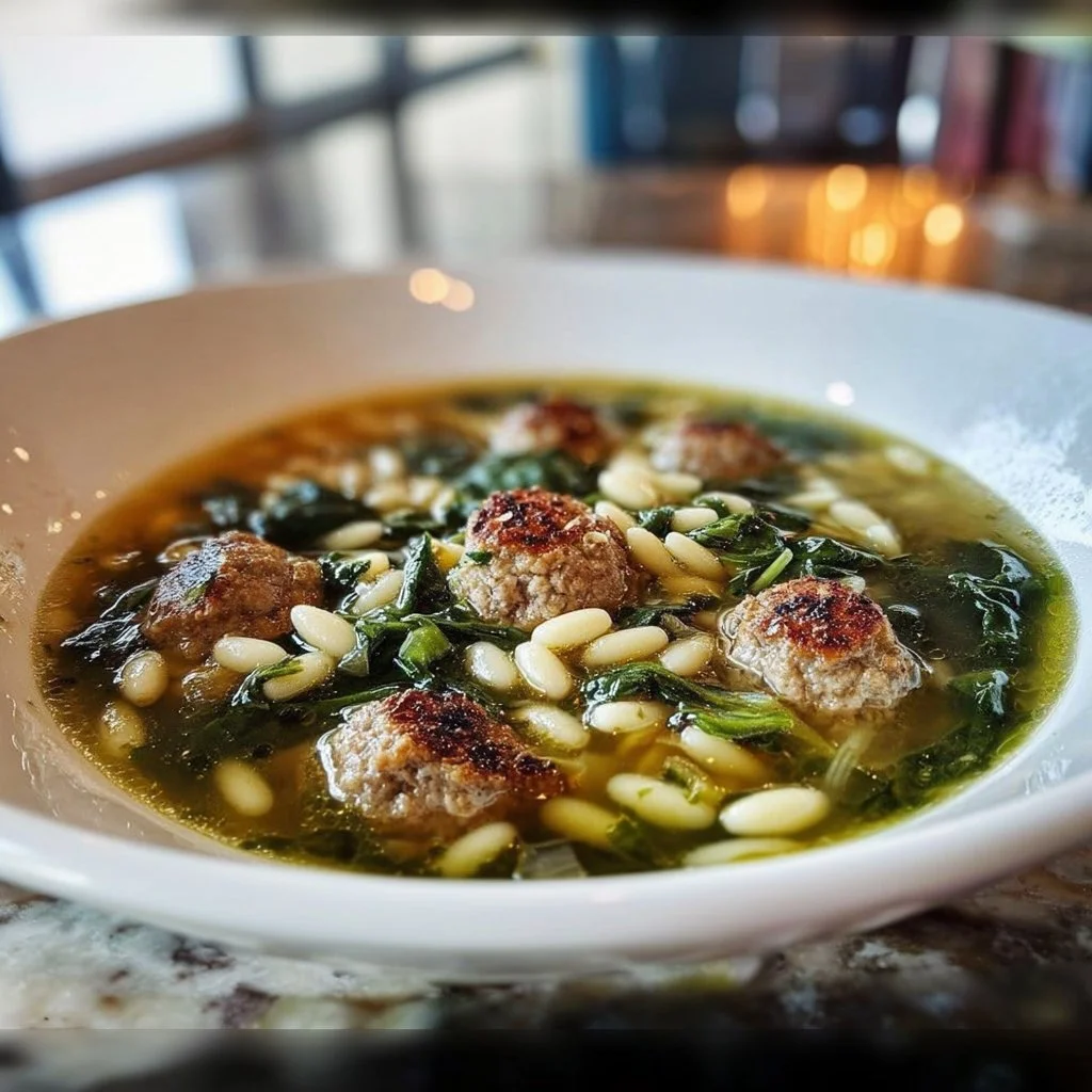 A bowl of Classic Italian Wedding Soup garnished with fresh herbs and meatballs