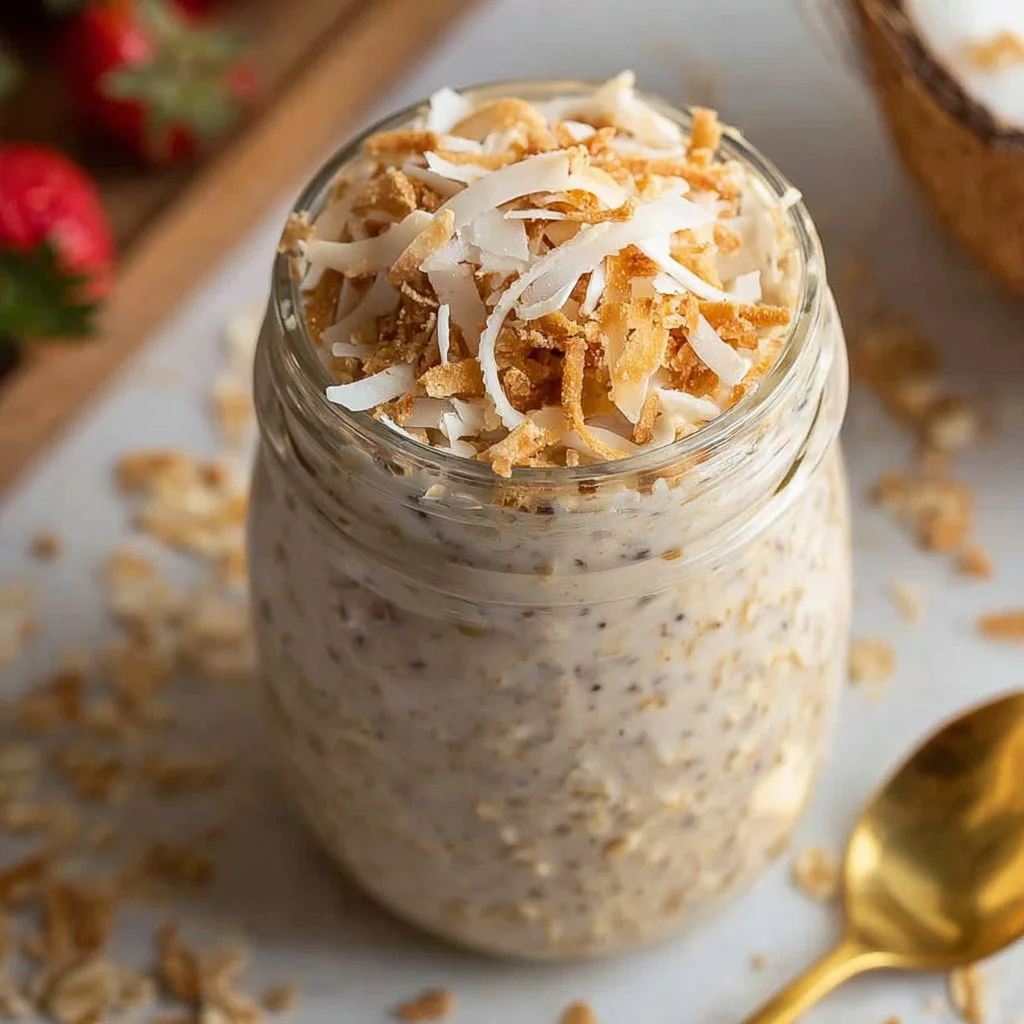 Delicious coconut cream pie overnight oats topped with shredded coconut and whipped cream.