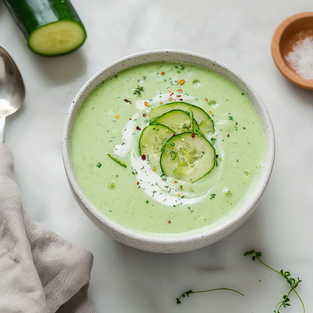 Bowl of cold cucumber soup garnished with herbs, perfect for summer