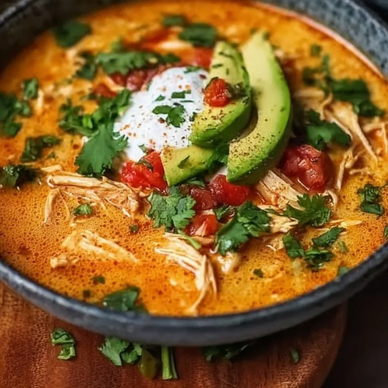 Bowl of creamy chicken enchilada soup topped with fresh herbs and cheese.