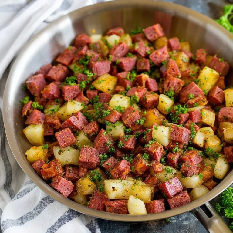 Delicious corned beef hash served in a skillet, garnished with herbs.