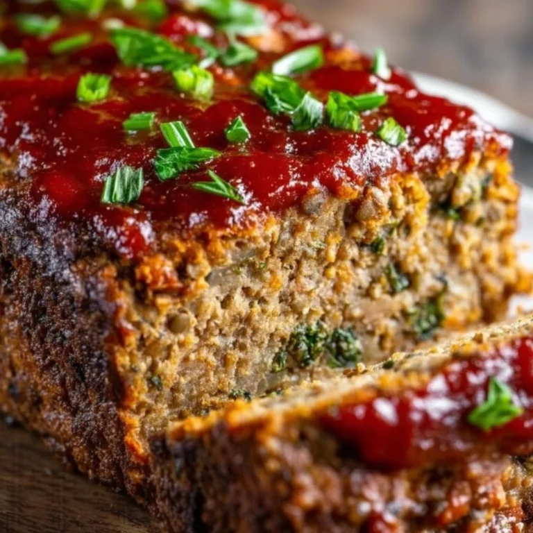Delicious vegan lentil loaf served with vegetables and sauce.