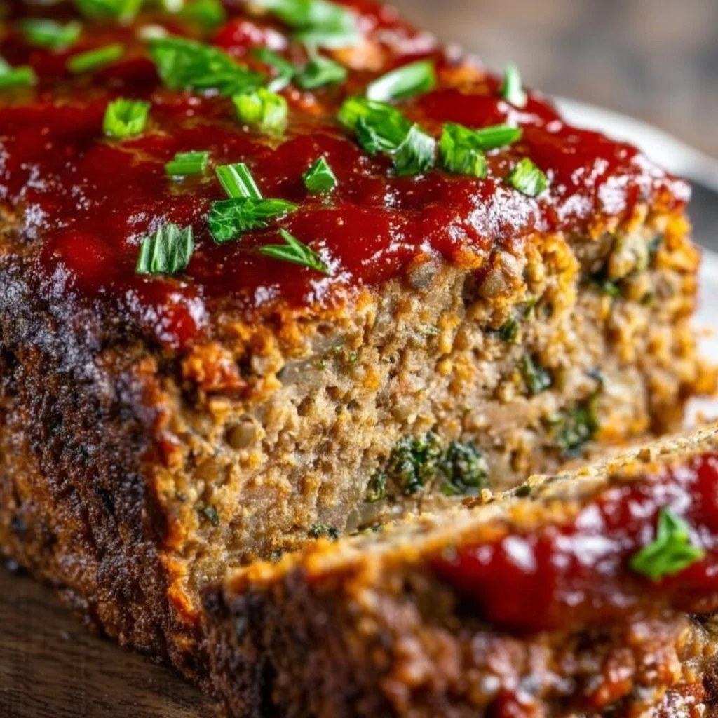Delicious vegan lentil loaf served with vegetables and sauce.