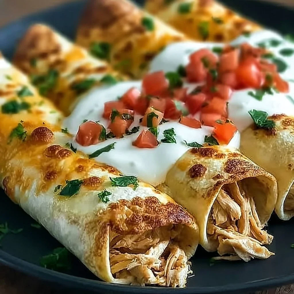 Delicious creamy baked chicken taquitos ready to serve.