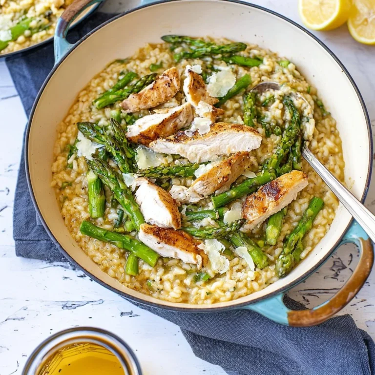 Creamy Chicken Asparagus Risotto served in a bowl, garnished with fresh herbs.