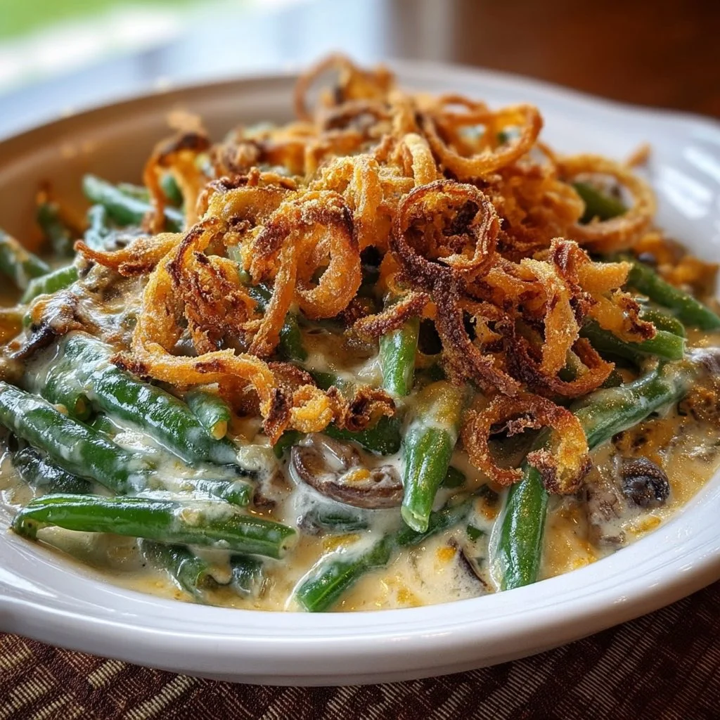 Cheesy green bean casserole topped with crispy onions for a delicious side dish