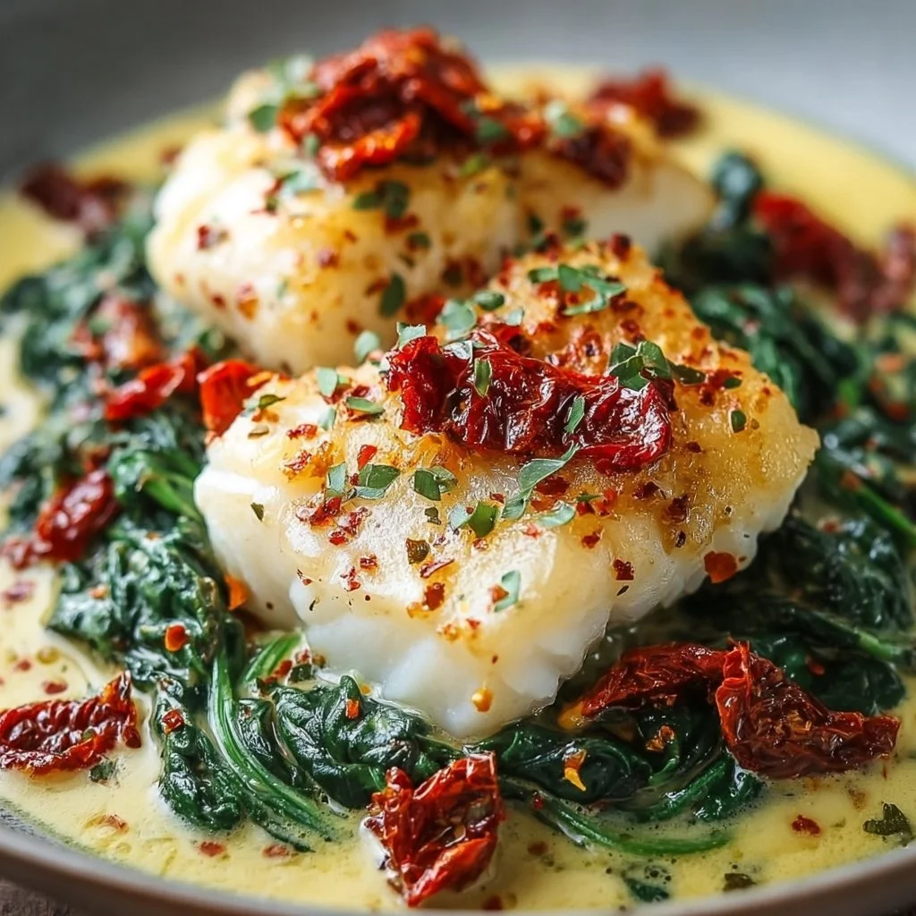 Creamy Keto Tuscan Cod with spinach and sun-dried tomatoes served on a plate.