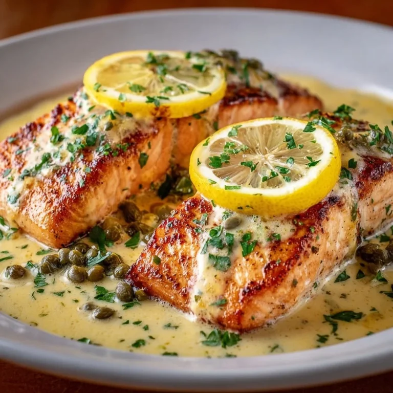 Creamy Lemon Salmon Piccata dish garnished with fresh herbs and lemon slices.