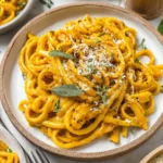 Bowl of creamy pumpkin pasta sauce topped with herbs, representing autumn flavors.