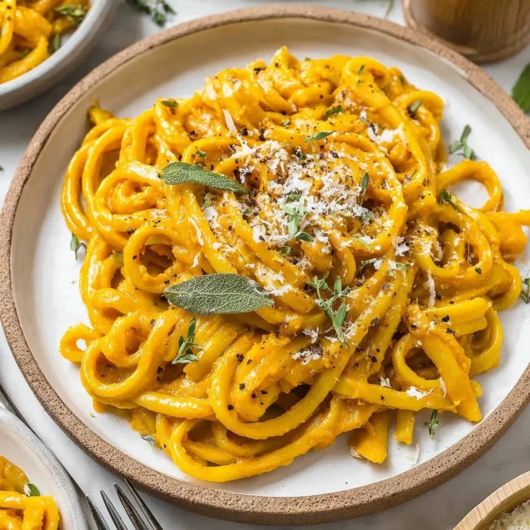 Bowl of creamy pumpkin pasta sauce topped with herbs, representing autumn flavors.