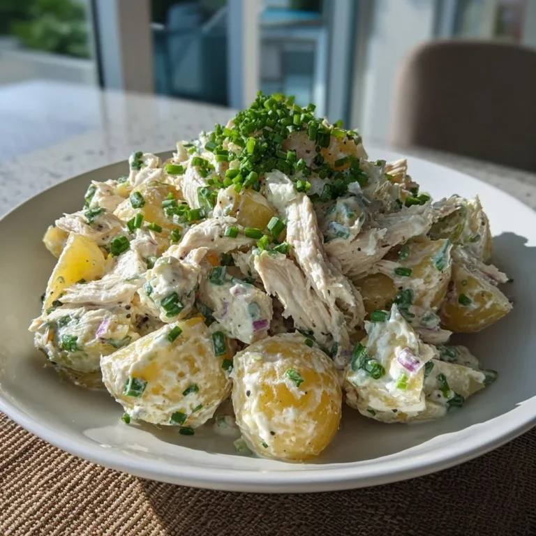 Creamy ranch chicken potato salad served in a bowl with fresh herbs and spices.