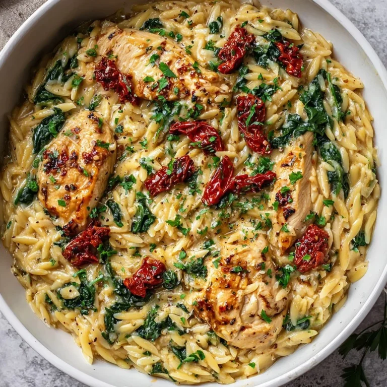Creamy Tuscan Chicken Orzo in a bowl, showcasing rich flavors and colors.