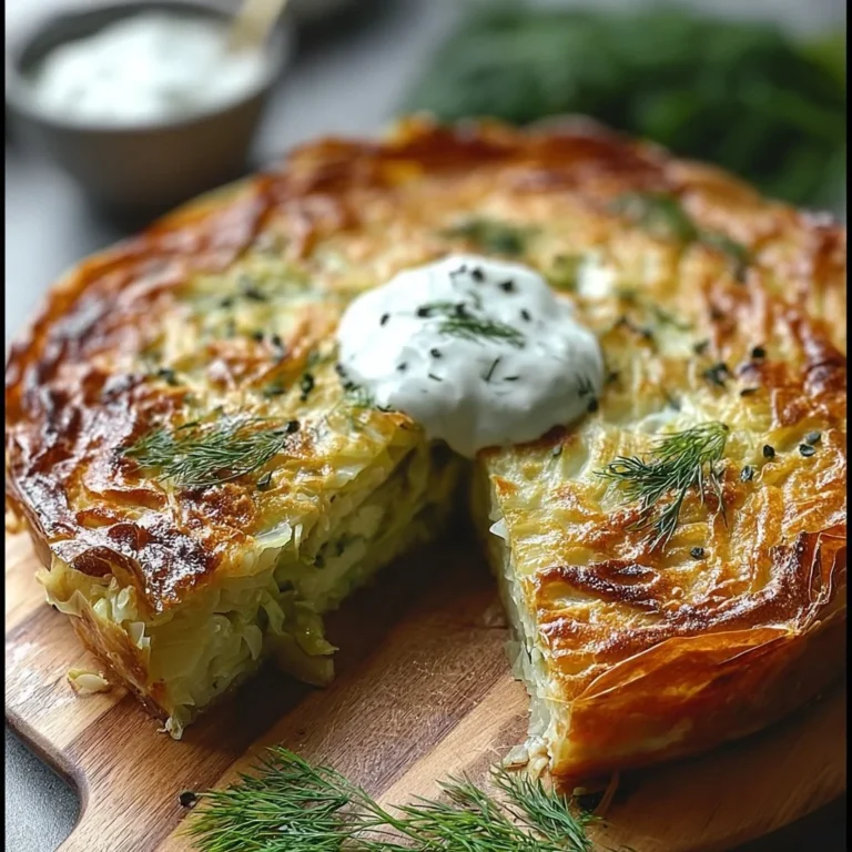 Crispy Cabbage Pie served with Dill Cream Sauce on a plate